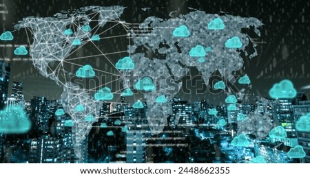 Image of cloud icons and data processing over world map. Global connections, digital interface, data processing and cloud computing concept digitally generated image.