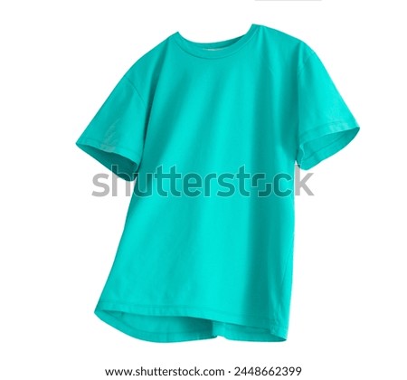 Cyan summer stile shirt isolated on white. Blue grren t-shirt flying single object.Casual unisex clothes. Royalty-Free Stock Photo #2448662399