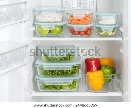 Efficiently Organized Refrigerator Shelves Stocked with Variety of Fresh Produce in Clear Containers, Highlighting Clean Food Storage and Healthy Living in a Modern Kitchen Setting.