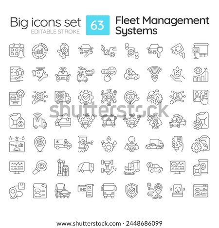 Fleet management systems linear icons set. Vehicle monitoring, car maintenance. Customer service. Customizable thin line symbols. Isolated vector outline illustrations. Editable stroke Royalty-Free Stock Photo #2448686099
