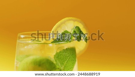 Image of party neon text and cocktail on yellow background. Party, drink, entertainment and celebration concept digitally generated image.