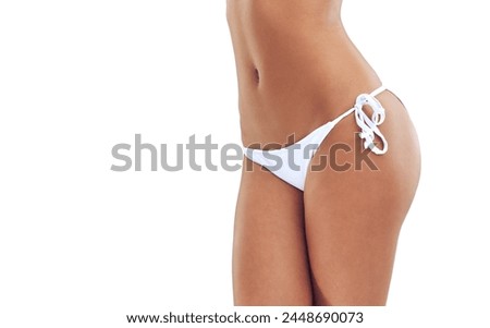Fitness, bikini and tummy of woman in studio for skincare, beauty and health on white background. Wellness, closeup and isolated person in swimsuit, underwear and swimwear for holiday or vacation