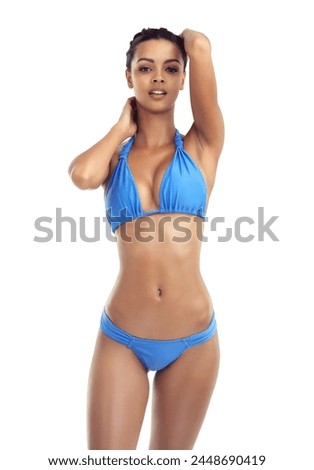 Fashion, bikini and portrait of woman in studio for summer style, bather and swimwear. Isolated girl in swimsuit with confidence, pride and beauty for holiday and vacation on a white background