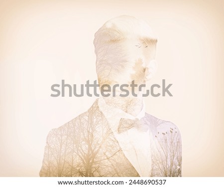 Man, suit and illustration with bow tie on abstract for fashion or professionalism and masculine style.Young person, attractive and confident on composite for double exposure on nature mockup