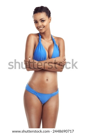 Woman, bikini and portrait with body shape confidence, fitness and summer swimsuit in studio. Happy, smile and college student from Jamaica ready for spring break with beach wear and white background