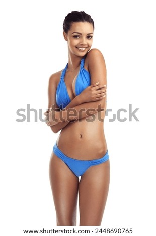Woman, bikini and portrait with body confidence, arms crossed and summer swimsuit in studio. Happy, smile and college student from Jamaica ready for spring break with beach wear and white background