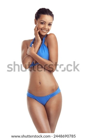 Woman, bikini and portrait with natural body confidence, fitness and summer swimsuit in a studio. Happy, smile and student from Jamaica ready for spring break with beach wear and white background