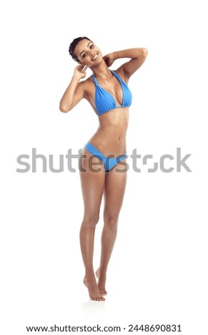 Fashion, bikini and portrait of happy woman in studio for summer style, swimsuit or swimwear. Stylish, diet and isolated girl with confident, pride or smile on holiday or vacation on white background