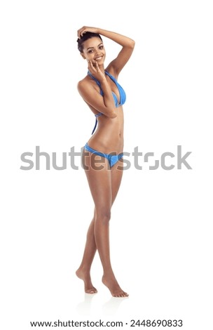 Girl, body and portrait in studio with bikini for summer, aesthetic and vacation fashion choice on white background. Skin, swimsuit and happy model face with confidence for outfit, decision or style