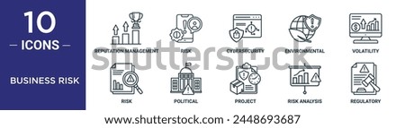 business risk outline icon set includes thin line reputation management, risk, cybersecurity, environmental, volatility, risk, political icons for report, presentation, diagram, web design Royalty-Free Stock Photo #2448693687