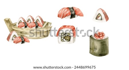 Japanese sushi set with wooden plate composition with sushi, single elements of sashimi with salmon, rolls with caviar, and sushi with red fish. Sea food clip art collection for menu, resturant,market