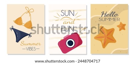  A set of summer posters with a camera, swimming suit and starfish. Vector illustration in flat style design for a banner, poster or greeting card template.

