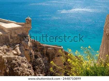 View of the mediterranean sea from the top of Mount Benacantil, Stanta Barbara castle ruins, Alicante, Valencia region, Spain