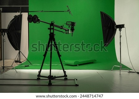 Green Screen movie studio with professional equipment Backstage shot.