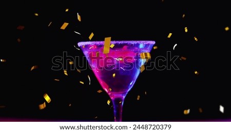 Image of confetti falling and cocktail on black background. Party, drink, entertainment and celebration concept digitally generated image.