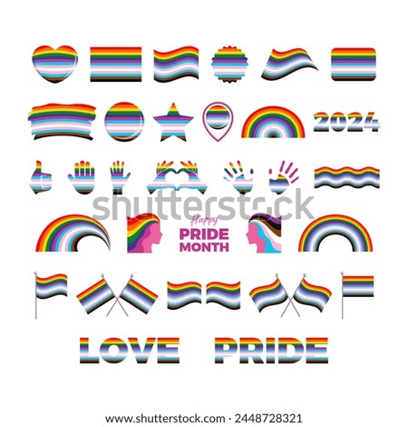 LGBTQIA Pride Flag and symbols many icon set. LGBTQIA Pride Month flags graphic design element isolated on a white background. Template for background, banner, card. Gay pride symbol
