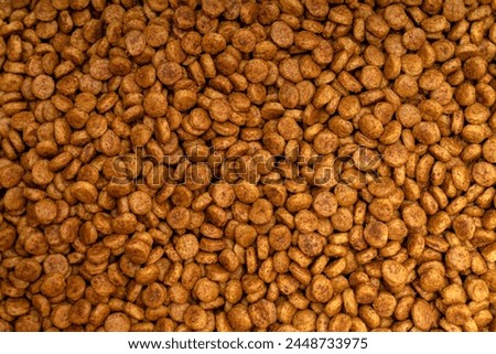 Food for animals background. Dry cat and dog food texture, pattern. Pet meal background close up. Dry food for pet dogs and cats. Dried pet food top view. Granules of good nutrition for dogs and cats.