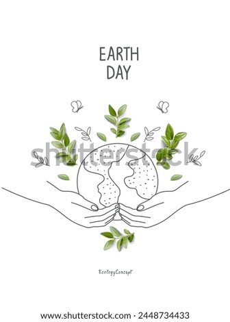 Illustration of Environmentally friendly planet.Hand drawn cartoon sketch of earth and supporting hands with green leaves. Think Green. Protect the World from pollution concept.  