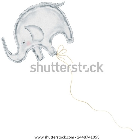 Air Balloons. Hand drawn watercolor drawing of a cute foil balloon in the shape of an elephant. Isolated clip art on white background. For birthday cards and invitations and baby shower