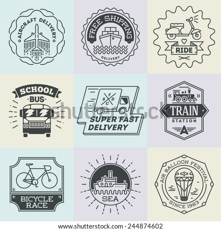 Assorted retro design insignias transport logotypes set. Vector vintage elements. 