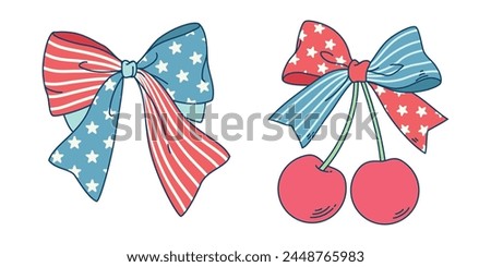 Cherry and ribbon illustration. Coquette cherries with ribbon bow. This illustration has an American Independence Day theme.