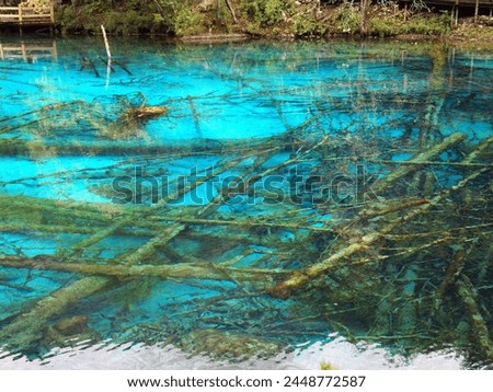exterior nice landscape photo view of  Jiuzhaigou Valley lake pond river with clear pure transparent turquoise water flat soft surface reflection green blue forest mountains of Sichuan in China, asia