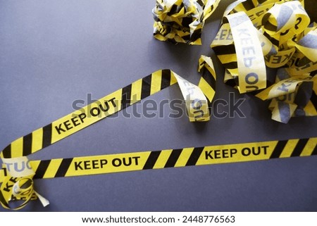 Keep out, police line on dark background. Caution lines isolated. Warning tapes. Danger signs.