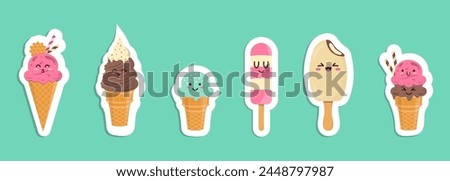 Set of funny cheerful, friendly ice cream characters. Sweet kawaii smiling summer delicacy, tasty colorful sundaes, gelatos with different tastes in cones. Vector illustration.