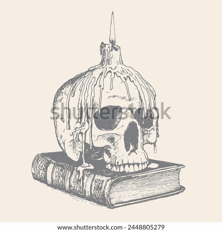 Skull with candles and book. Hand drawing. Vector graphics