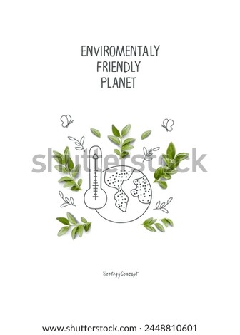 Illustration of Environmentally friendly planet. Hand drawn cartoon sketch of сlimate change. Green energy concept. Think Green.  