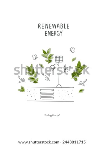 Illustration of Environmentally friendly planet. Hand drawn cartoon sketch  solar-powered lanterns along the road. Alternative energy concept. 

