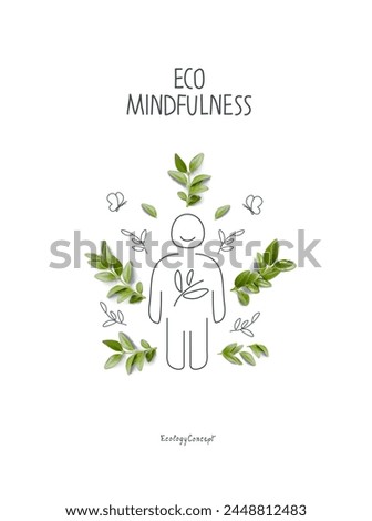 Illustration of Environmentally friendly planet concept. Hand drawn cartoon sketch of human with green leaves. Think Green. Eco mindfulness Сoncept.