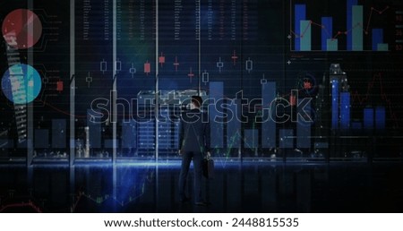 Image of financial data processing over businessman and cityscape. global business, connections, digital interface and technology concept digitally generated image.