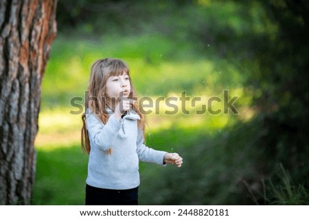 Cute blonde girl has fun blowing on the chicory plant in the park in the spring.