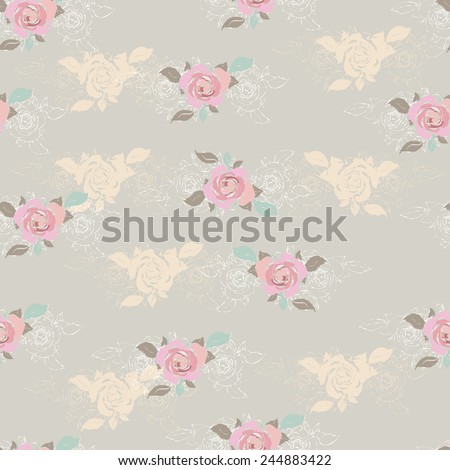 Seamless floral vintage background. Vector pattern. Pale light rose flowers with leaves. Can be used for wallpaper, paper, textile, clothing, fabric, stationery, web, poster, banner, scrapbook.