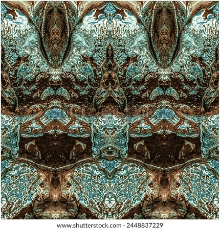 Fluid abstract background with teal, brown, gold, and white damask shapes. 