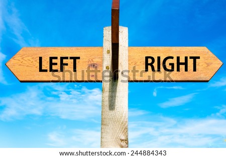 Wooden signpost with two opposite arrows over clear blue sky, Left versus Right messages, Choice conceptual image