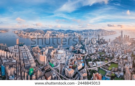 City landscape of the famous travel landmark, aerial view of Hong Kong, Victoria Harbour, eveing daytime