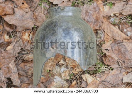 one large gray broken glass jar with a hole lies on the ground in brown dry leaves on the street Royalty-Free Stock Photo #2448860903