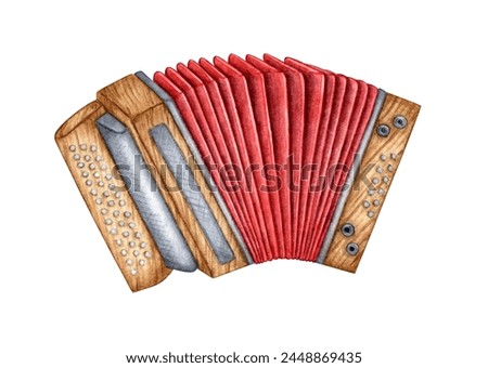 Watercolor illustration accordion, a harmonic musical instrument, isolated from background. Classical musical instrument on the theme of music, hobby, learning. For the design of a postcard, poster