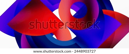Vibrant colors of red, blue, and purple geometric shapes on a white background represent the beauty of colorfulness in art, resembling petals floating on water under a sky of electric blue