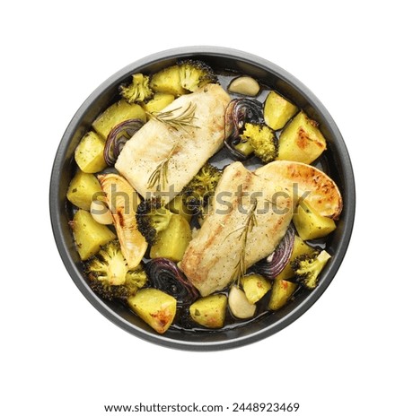 Pieces of delicious baked cod with vegetables, lemon and spices in dish isolated on white, top view