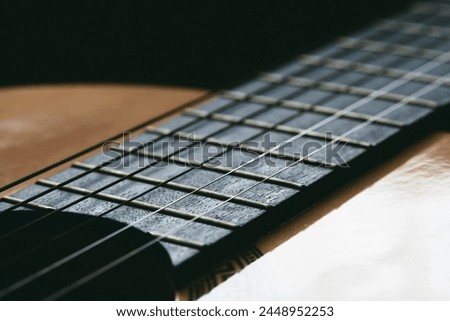 Close up of old acoustic guitar fretboard with selective focus in the center. Neck perspective with blurred sound hole and strings. Music concept Royalty-Free Stock Photo #2448952253