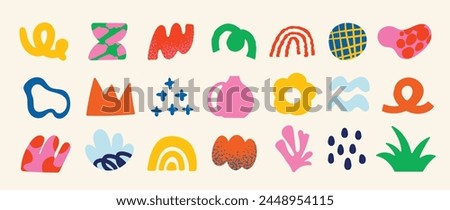 Set of abstract retro organic shapes vector. Collection of contemporary figure, flower, leaf, vase, mountain in funky groovy style. Cute hippie design element perfect for banner, print, stickers.