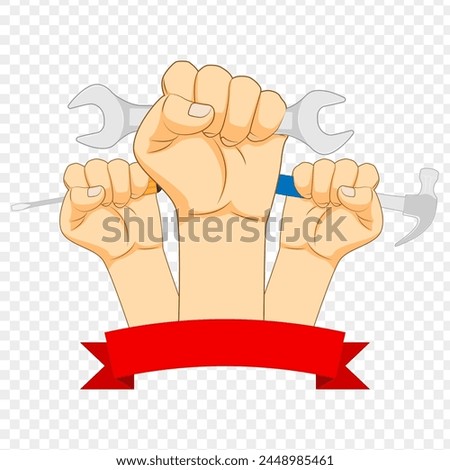 Vector illustration of tools with fist hands on transparent background
