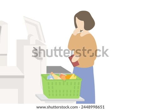 Clip art of woman puzzled at self-checkout counter in supermarket