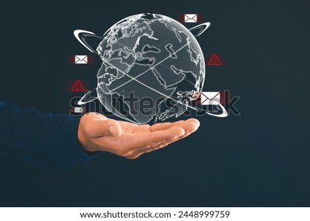 The man's finger points to the earth icon, displays the dangerous email icon, sends spam through the Internet, and hackers.