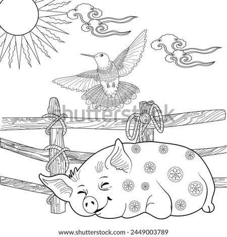 Coloring pages. Three pigs. Fairy tale. Cute pig is sleeping. Coloring book. Illustrations for children. Funny characters

