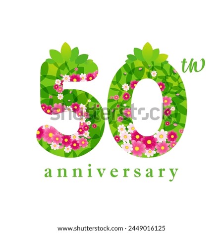 50th anniversary summer logo. Creative number 5 and 0 with green leaves and flowers. 3D elements. Cute floral background with vector clipping mask. Beautiful clipart. Holiday concept. Jubilee idea.