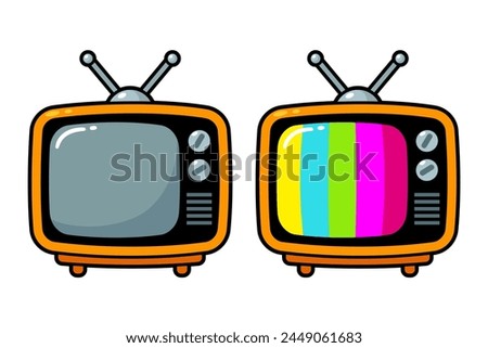 Vintage television set in cute cartoon style. No signal, colored stripes (TV test pattern). Vector clip art illustration.